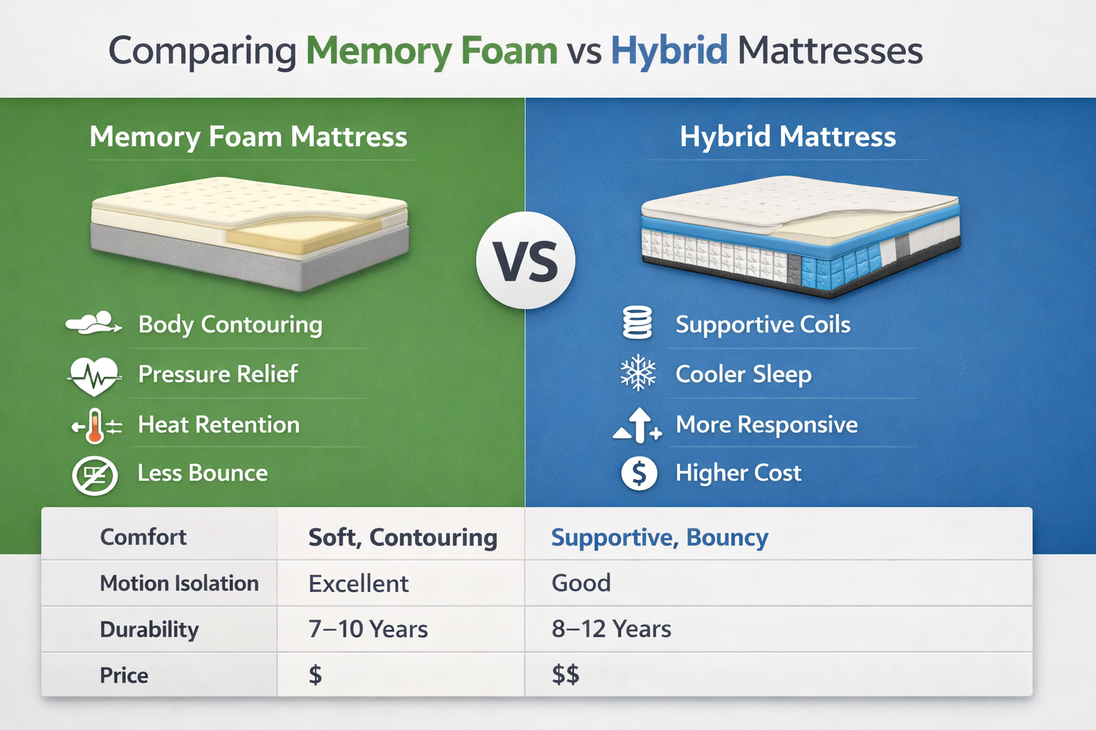 Guide to Make a Table Comparing Memory Foam vs Hybrid Mattresses 2026